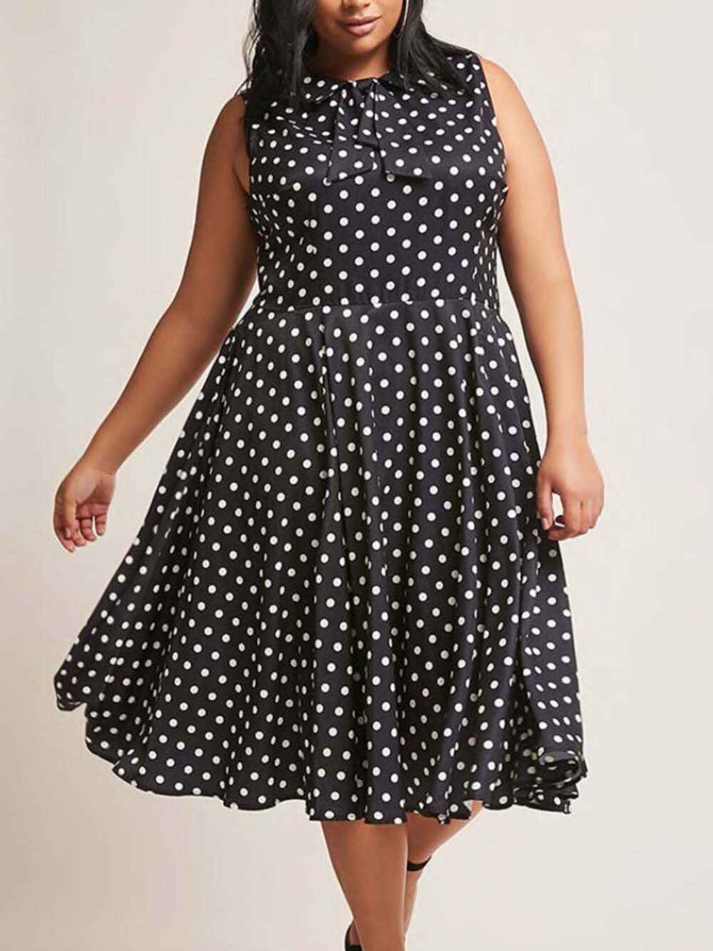 Unique Vintage Black Polka Dot Tie Neck Swing Dress XL